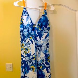 Tommy Bahama swim dress blue floral Small removable pads coverup beach white v
